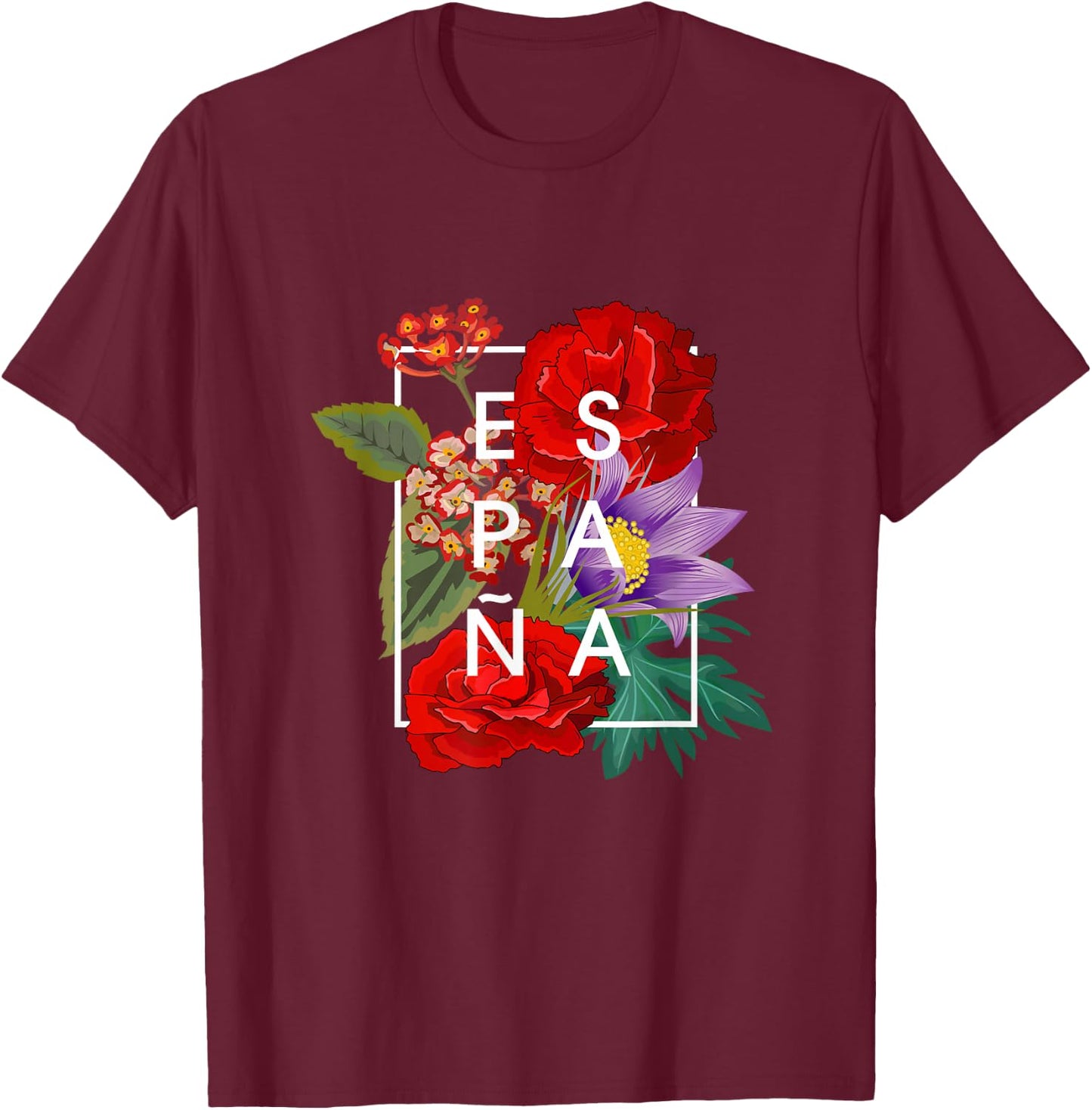 Flowers of España - Spain Word Art - Spanish Pride T-Shirt - T-Shirt | Maroon