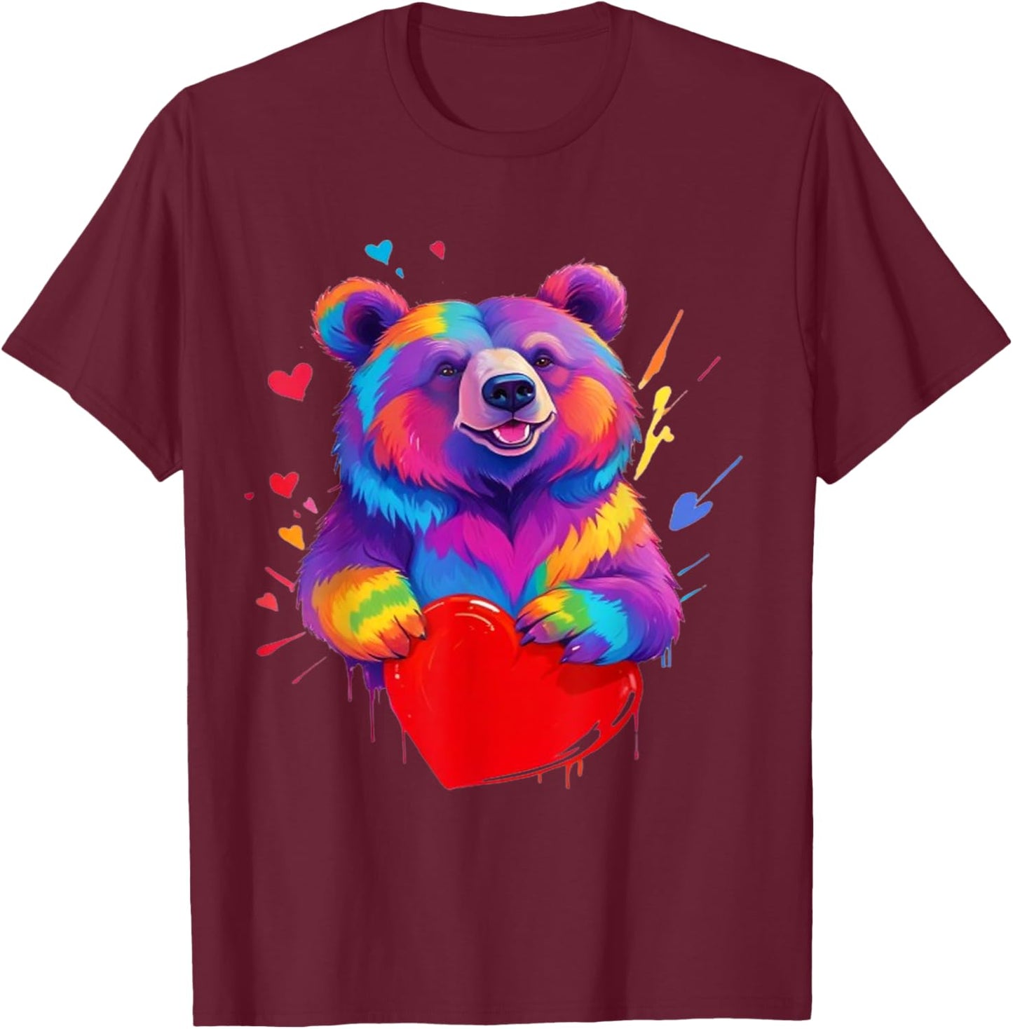 Bear Shirt - Colorful Grizzly Bear Heart Graphic T-Shirt - T-Shirt | Maroon