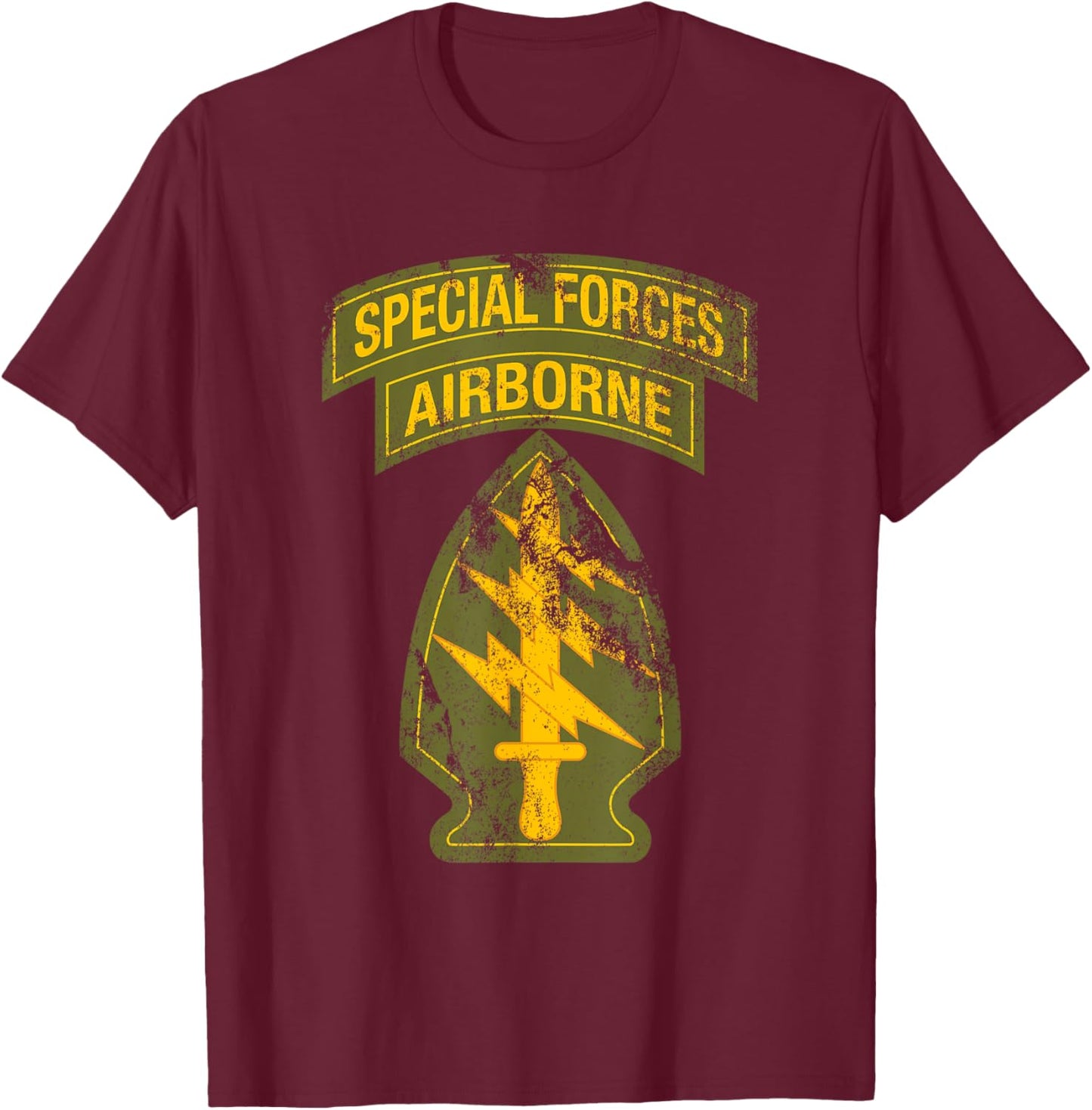 US Special Forces - SF Green Beret Patch & Tab OD Green T-Shirt - T-Shirt | Maroon