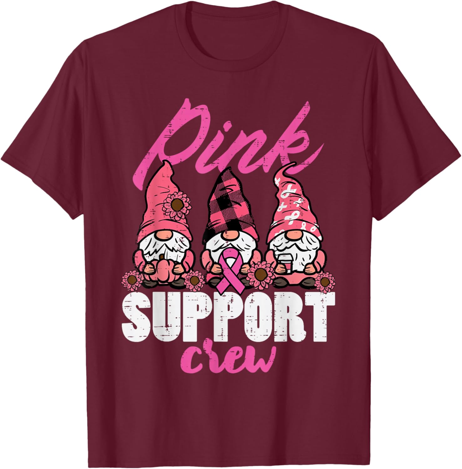 Breast Cancer Gnomes Pink Support Crew Aware Women Kids Men T-Shirt - T-Shirt | Maroon