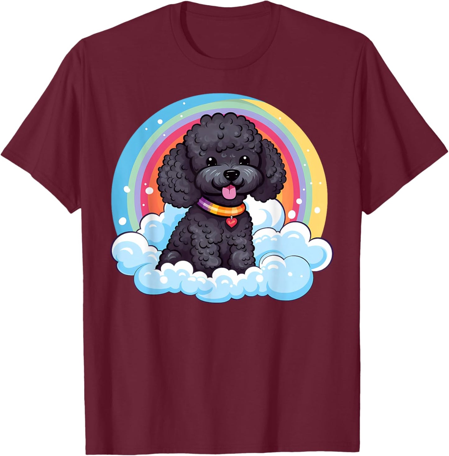 Cute Black Poodle Rainbow Cloud Puppy Dog Kawaii Animals Women Kids T-Shirt - T-Shirt | Maroon