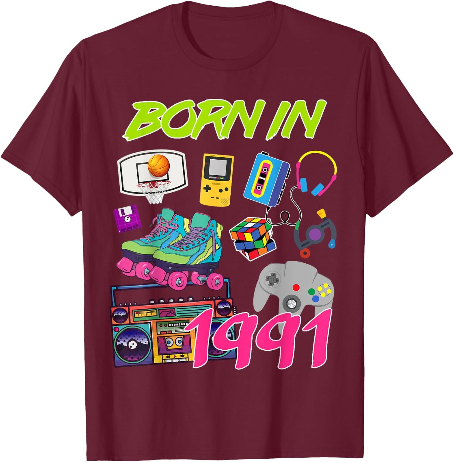 Retro Born In 1991 29th Birthday T-Shirt - T-Shirt | Maroon