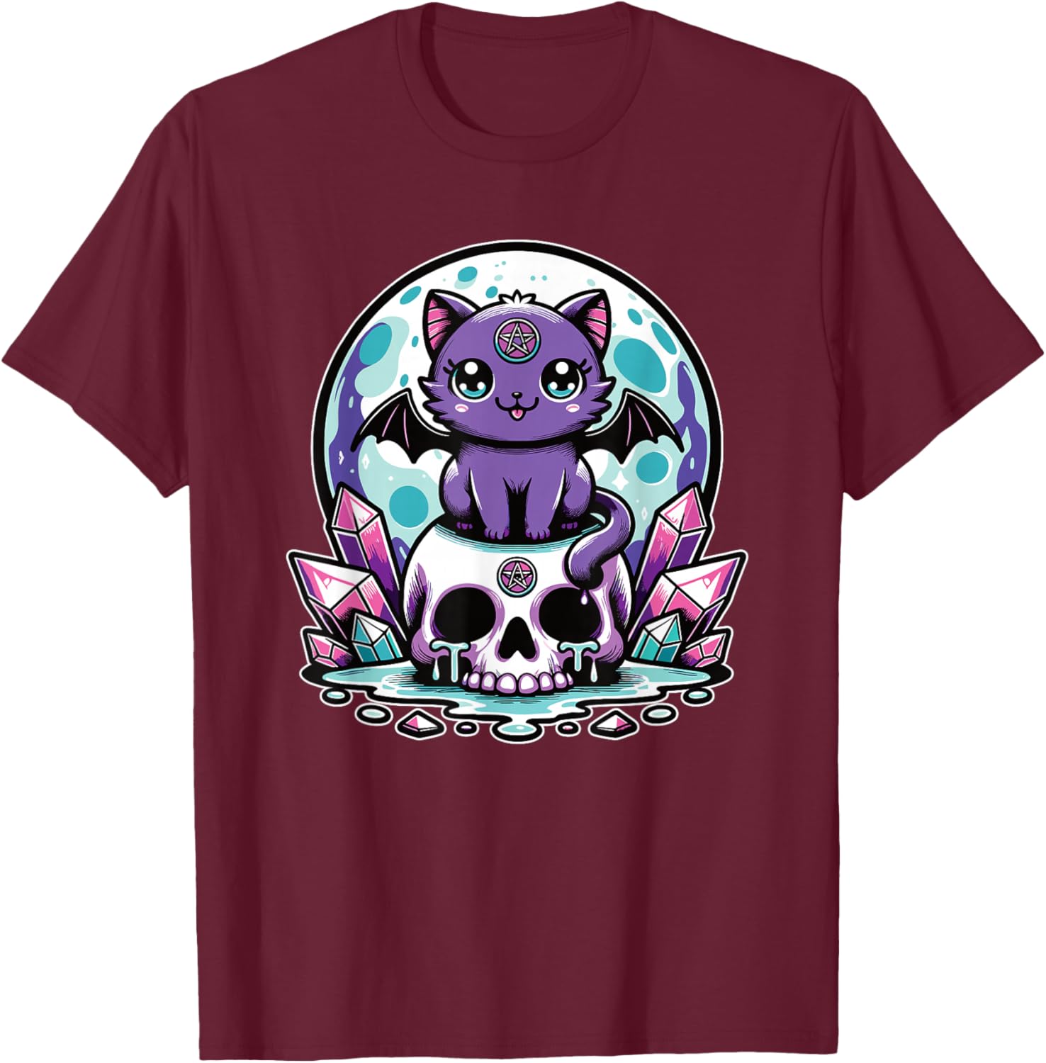 Kawaii Pastel Goth Cute Creepy Cat Bat Skeleton T-Shirt - T-Shirt | Maroon