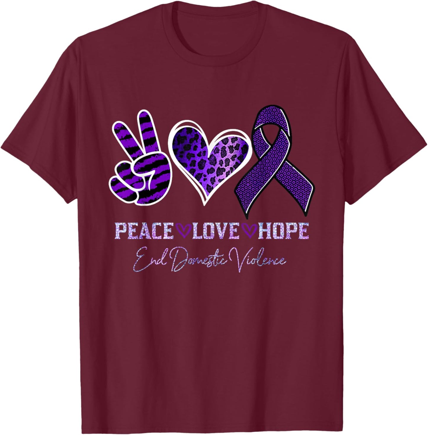 Peace Love Hope Leopard End Domestic Violence Awareness T-Shirt - T-Shirt | Maroon