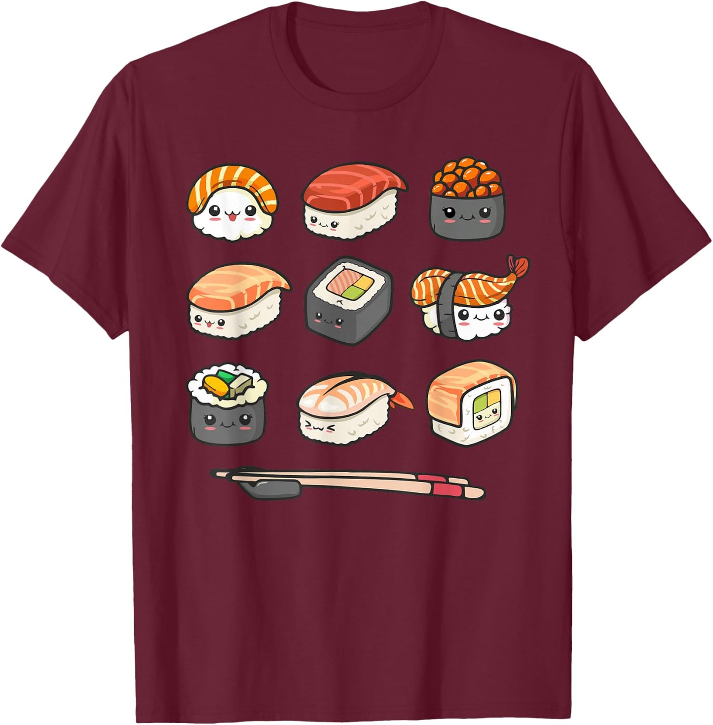 Happy Sushi Anime Kawaii Set Japanese Food Lover Otaku Manga T-Shirt - T-Shirt | Maroon