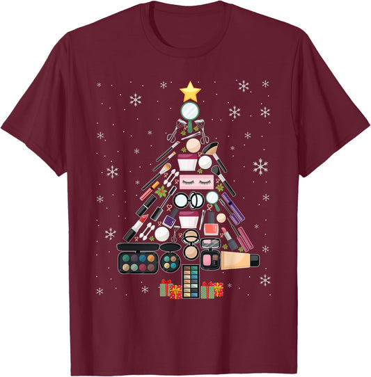 Makeup Artist Christmas Tree Merry Christmas Beautician T-Shirt - T-Shirt | Maroon