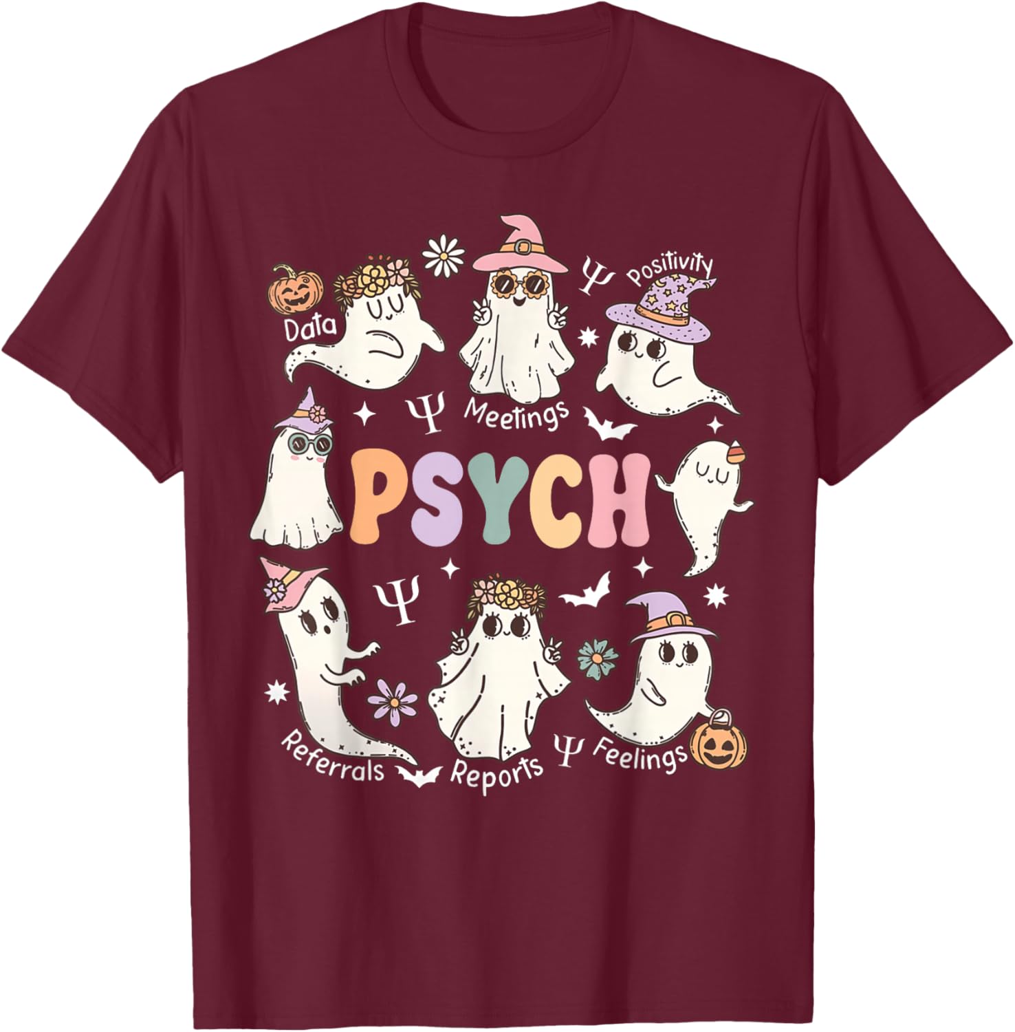 School Psychologist Halloween Spooky Psych Ghost Psychology T-Shirt - T-Shirt | Maroon