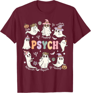 School Psychologist Halloween Spooky Psych Ghost Psychology T-Shirt - T-Shirt | Maroon