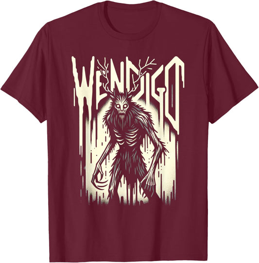 Evil Horror Monster Cryptozoology Cryptid Wendigo T-Shirt - T-Shirt | Maroon