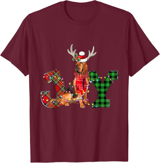 Joy Christmas Lights Bloodhound Dog Santa Hat Pajama Men Women Kids T-Shirt - T-Shirt | Maroon