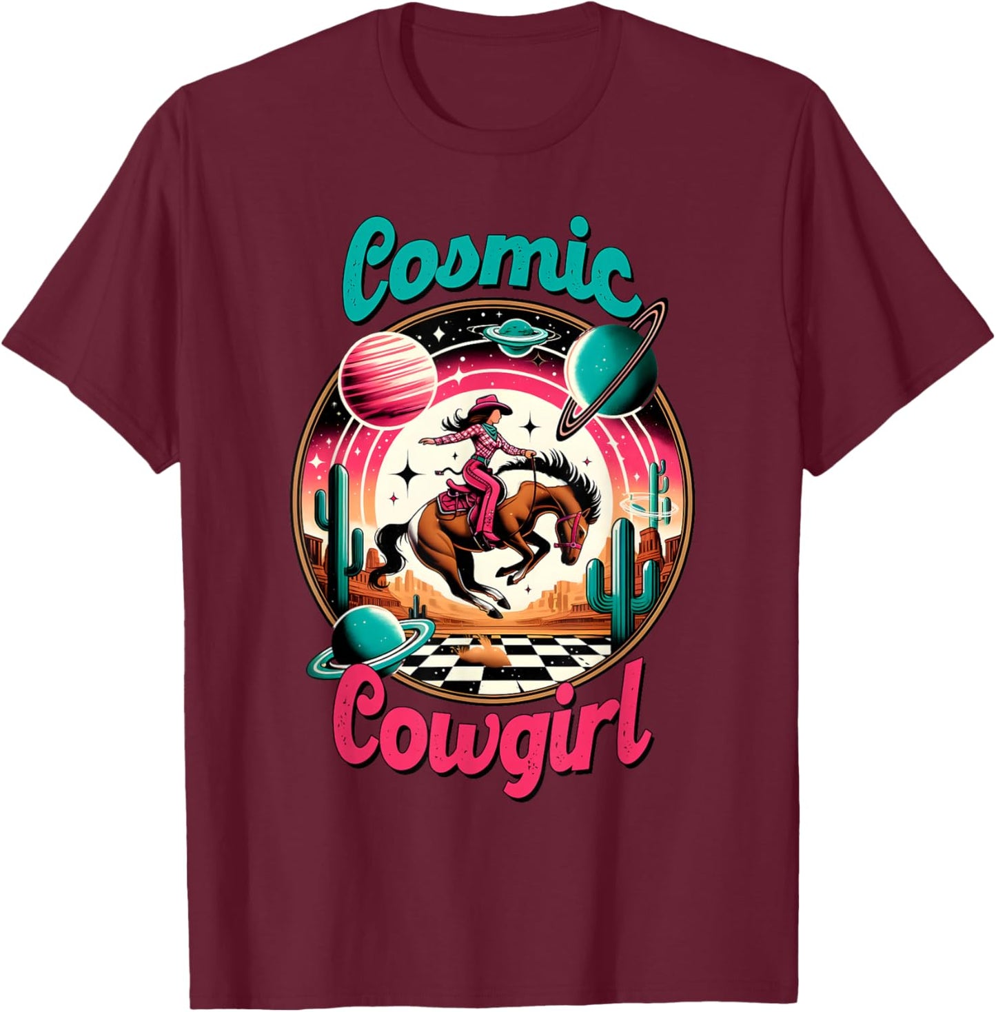 Cosmic Cowgirl Retro Astronaut Planets Outer Space Sci Fi T-Shirt - T-Shirt | Maroon