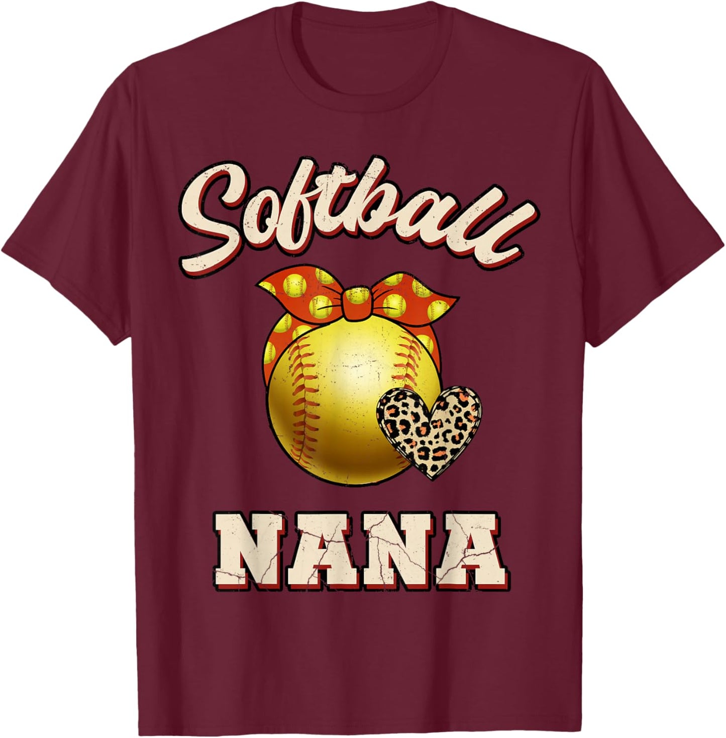 Softball Nana Leopard Heart Fans Mother's Day Gift T-Shirt - T-Shirt | Maroon