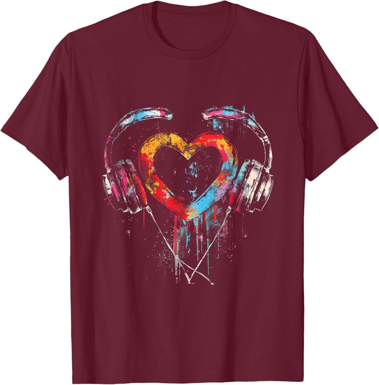 Headphones Music DJ Artwork Heart Music Lover Techno EDM T-Shirt - T-Shirt | Maroon