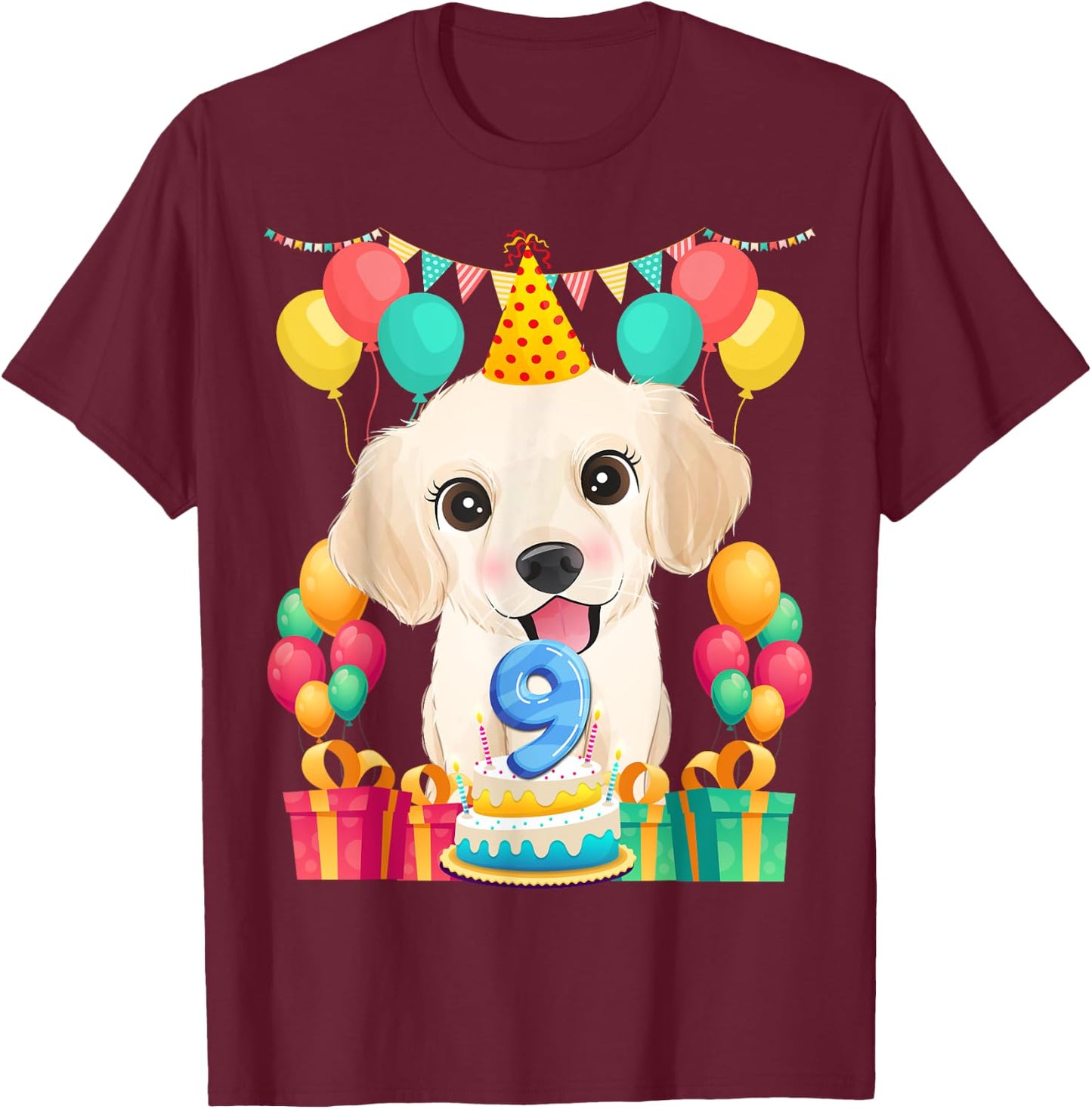 Golden Retriever 9th Birthday 9 Year Old Cute Dog Lover Gift T-Shirt - T-Shirt | Maroon