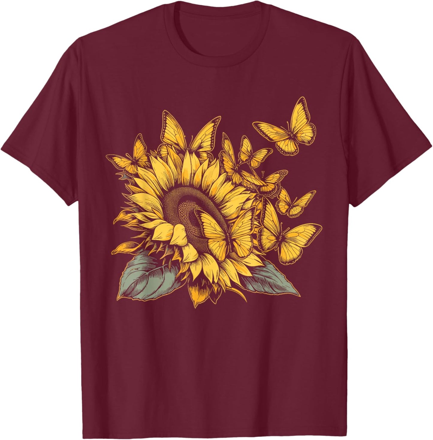 Cute Yellow Butterfly Sunflower Monarch Butterfly Nature T-Shirt - T-Shirt | Maroon