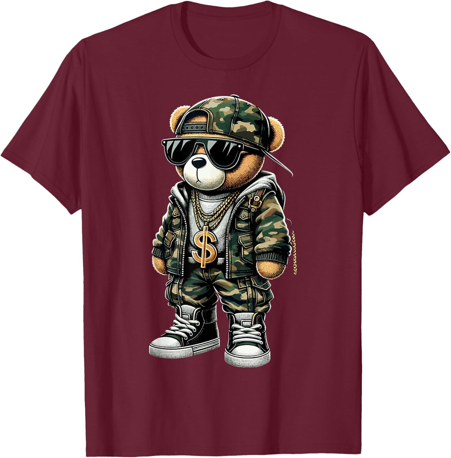 Camo Hip Hop Teddy Bear Camouflage T-Shirt - T-Shirt | Maroon