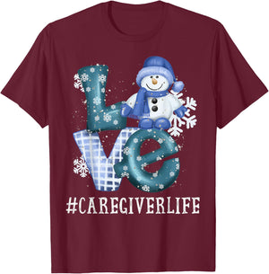 Caregiver Love Snowman Xmas Funny Winter Season Christmas T-Shirt - T-Shirt | Maroon