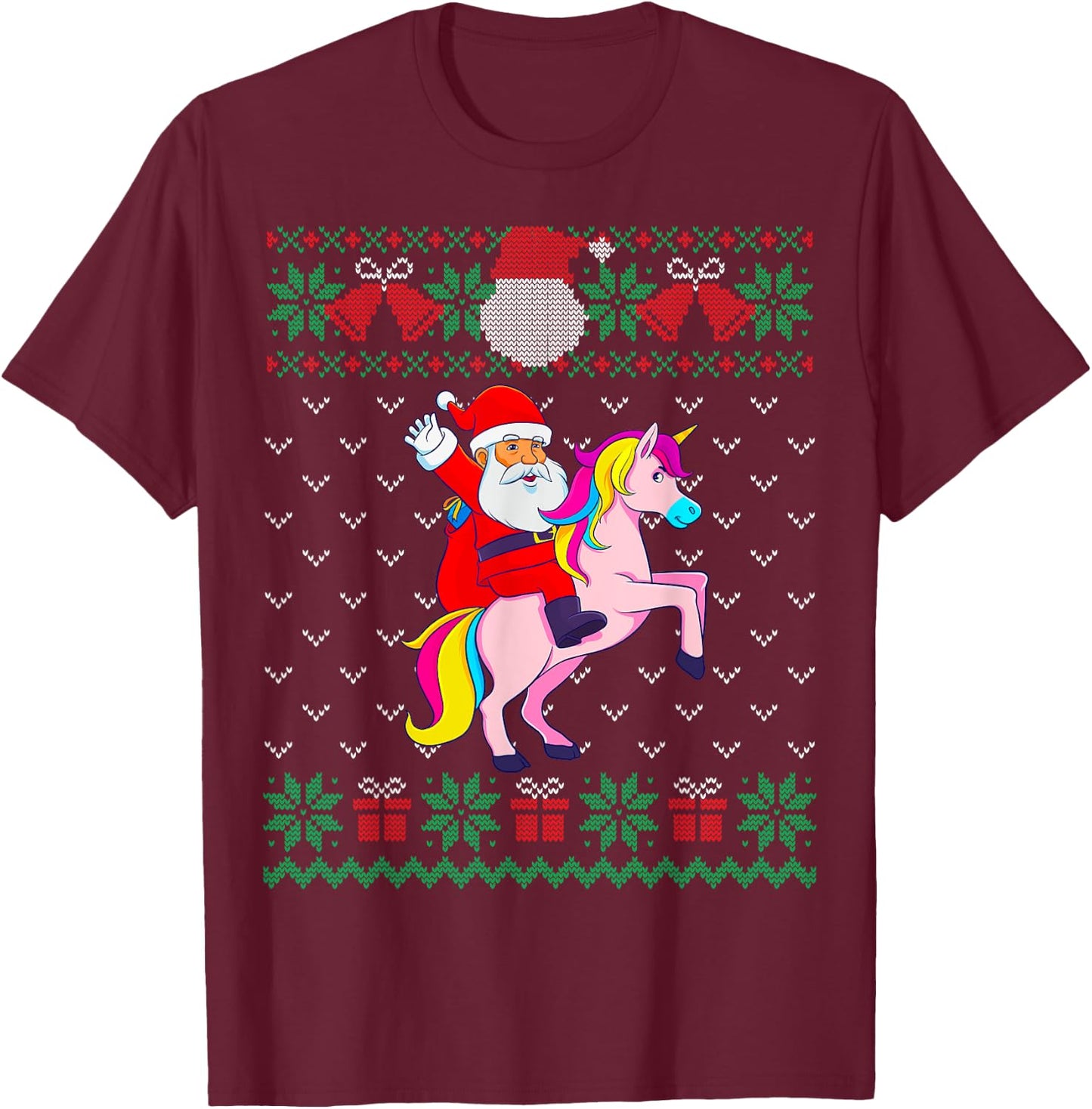 Santa Riding Unicorn, Ugly Christmas Sweater, Women Girls T-Shirt - T-Shirt | Maroon