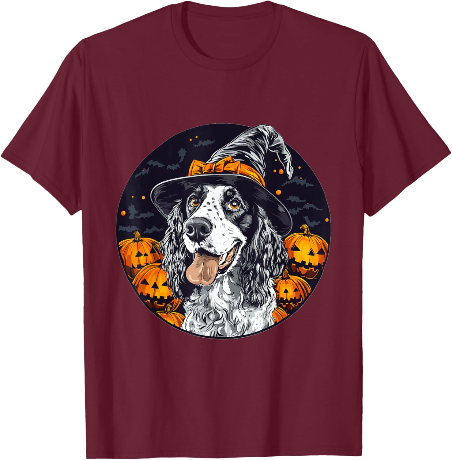 English Setter Dog Whitch Hat Halloween Pumpkin Spooky Happy T-Shirt - T-Shirt | Maroon