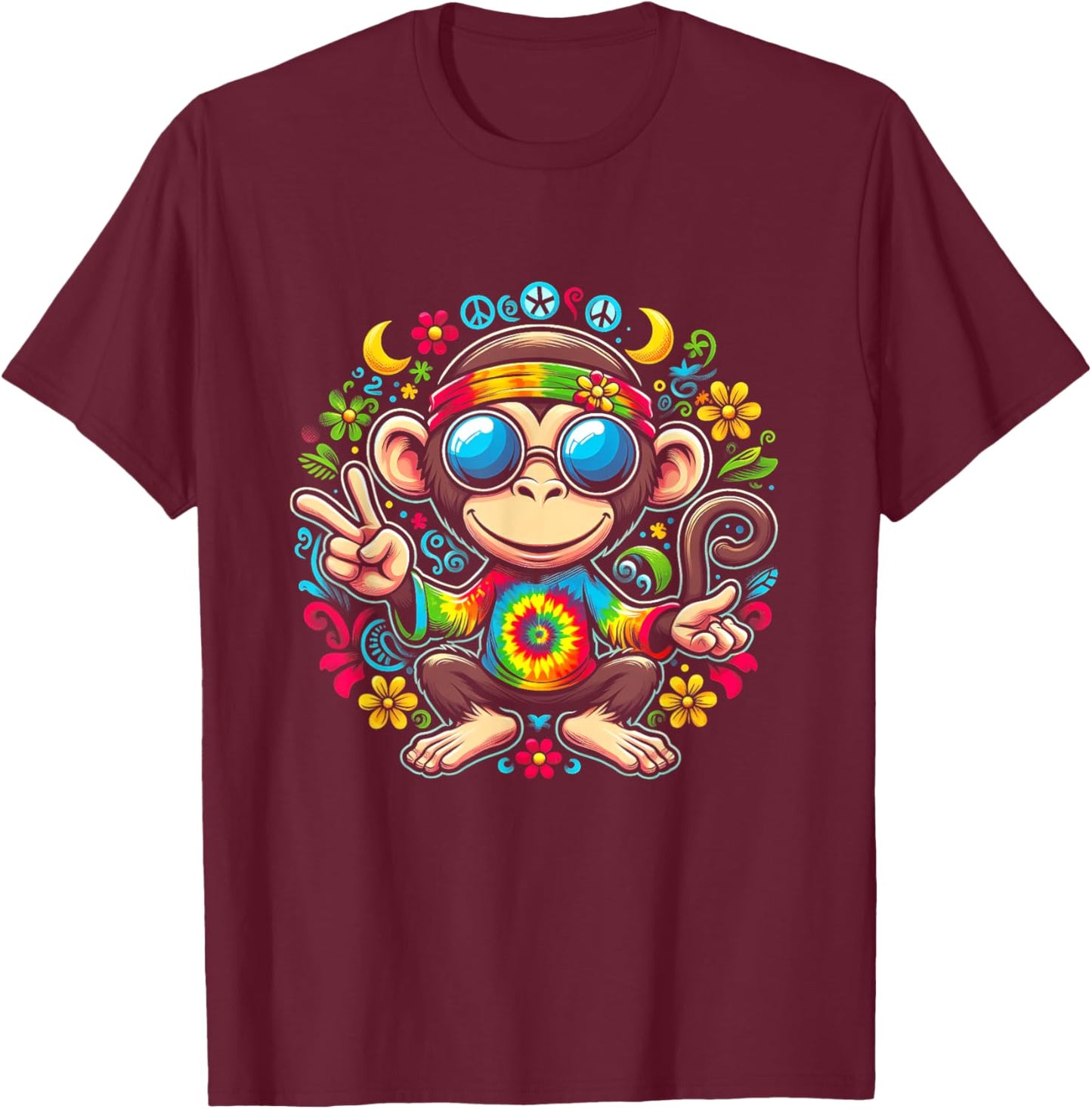 Monkey Peace Sign Tie Dye For Boys And Girl Hippie Colorful T-Shirt - T-Shirt | Maroon