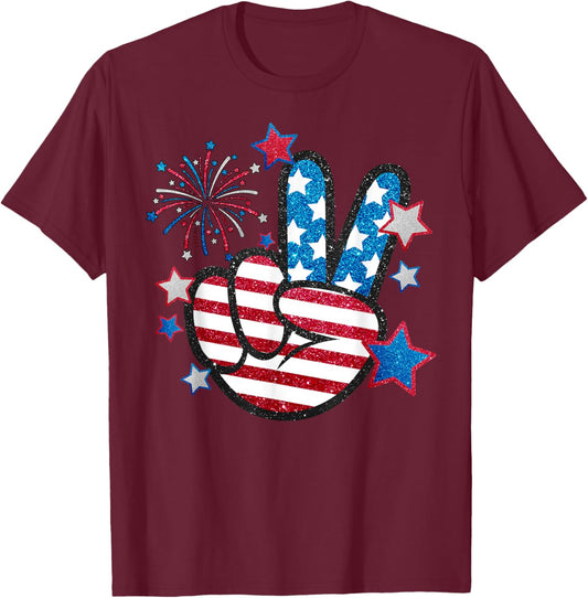 American Flag Peace Sign Hand Fourth of July Men Women Kid T-Shirt - T-Shirt | Maroon