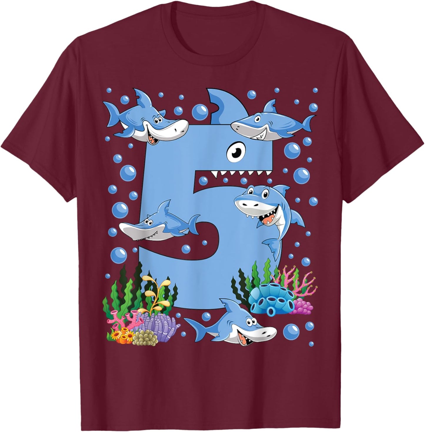 Kids 5 Years Old Shark Ocean Theme 5th Birthday Boy Party T-Shirt - T-Shirt | Maroon
