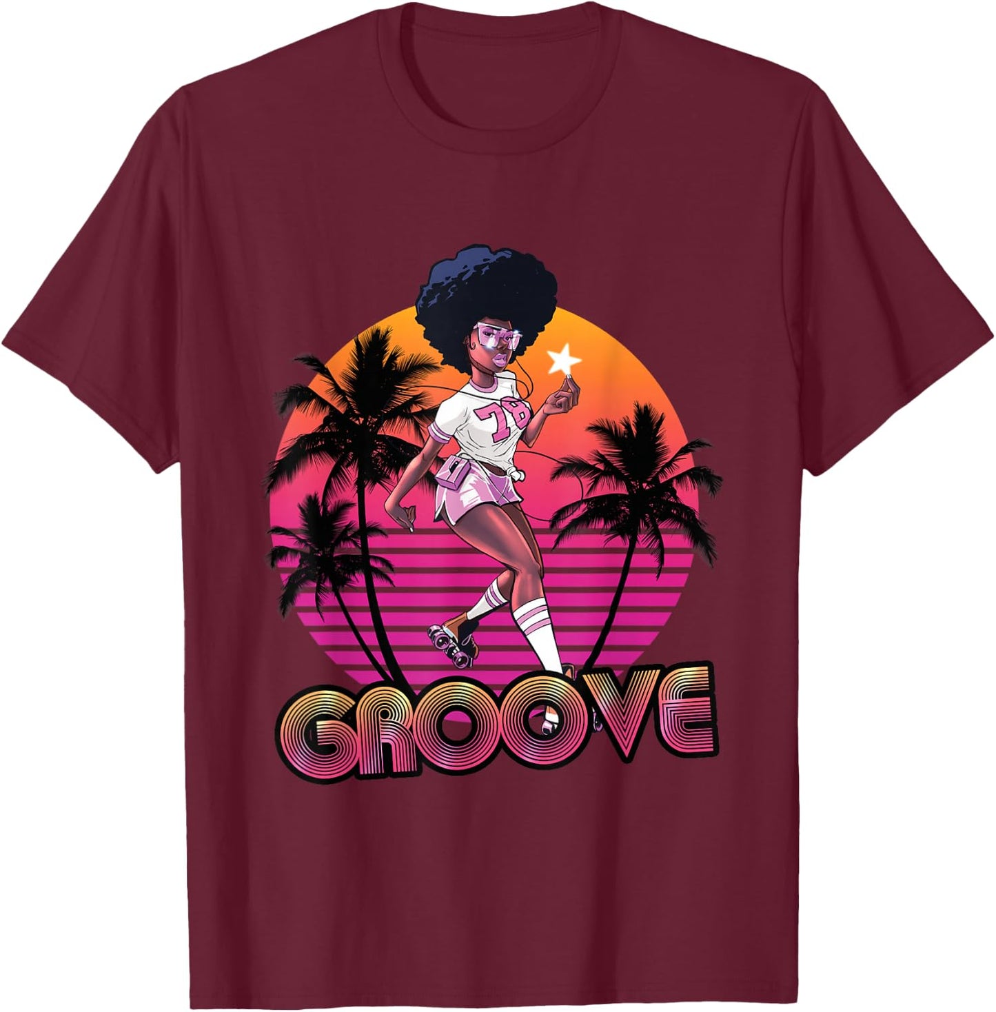 Afro Groove Roller Skates Retro 80s 70s Disco Funk Star T-Shirt - T-Shirt | Maroon
