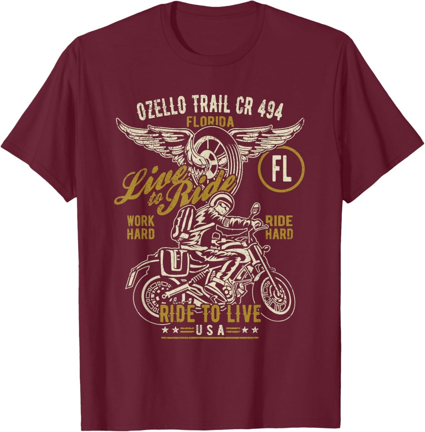 Ozello Trail CR 434 FL USA Motorcycle Distressed Design T-Shirt - T-Shirt | Maroon