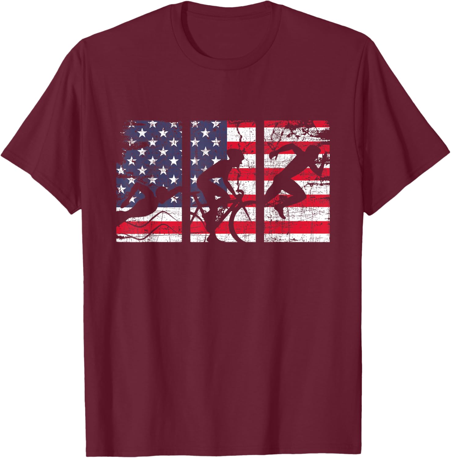 Triathlon USA Flag - Triathlete Athlete Sports Swim Run Bike T-Shirt - T-Shirt | Maroon