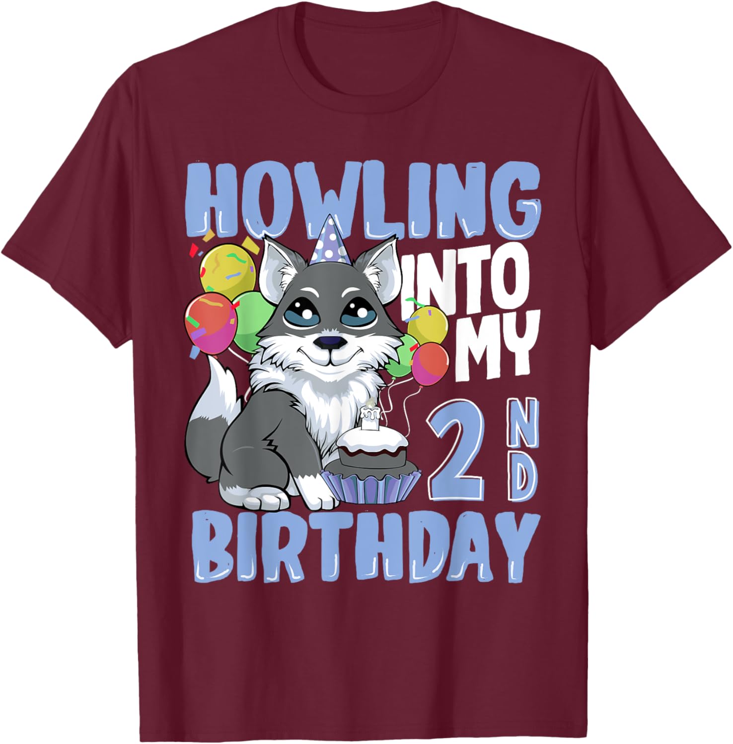 Wolf for 2 Year Old Birthday for 2nd Birthday Wolf Kids Boys T-Shirt - T-Shirt | Maroon