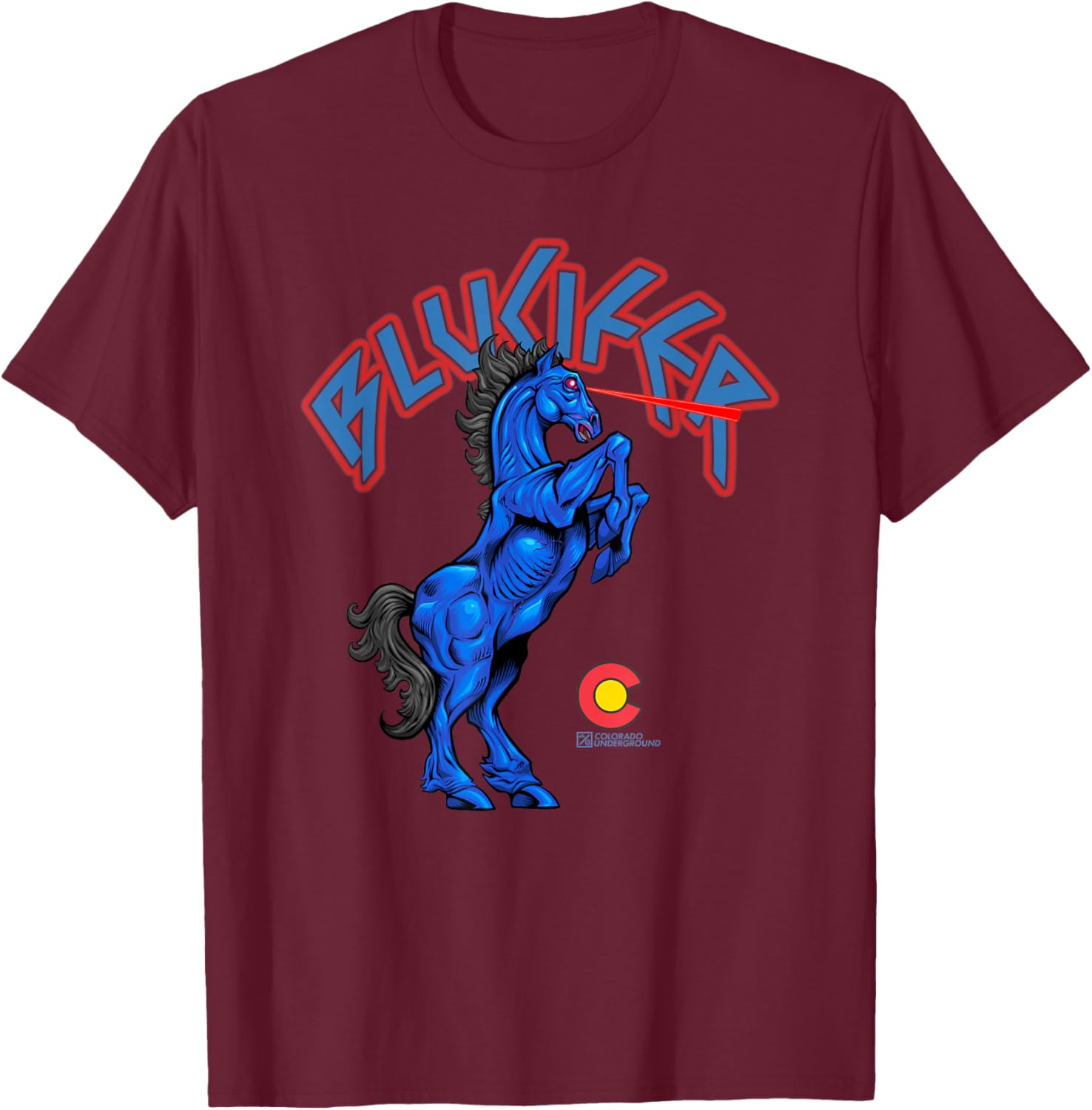 Blucifer The Demon Horse at Denver Airport Colorado T-Shirt - T-Shirt | Maroon