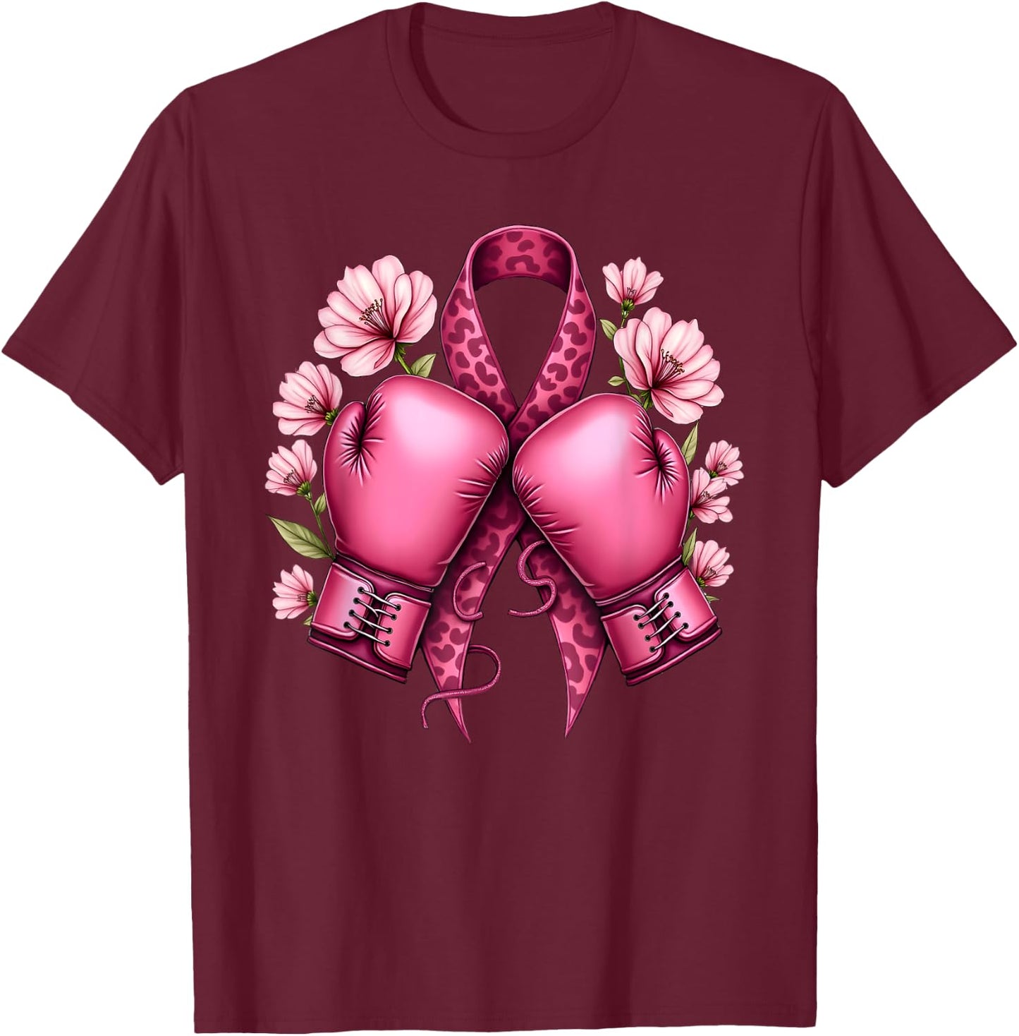 Leo Print Pink Ribbon Boxing Gloves Breast Cancer Awareness T-Shirt - T-Shirt | Maroon