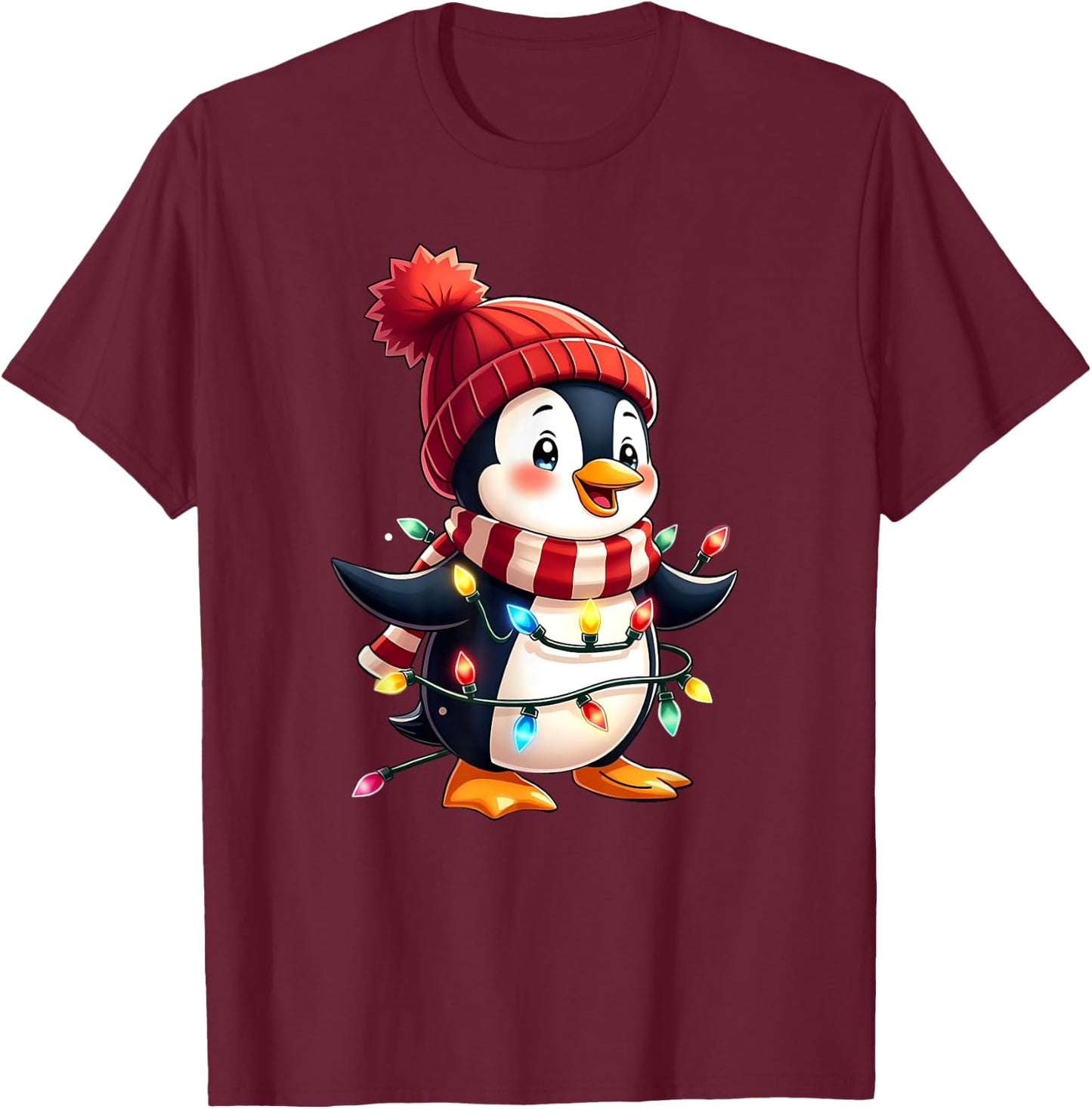 Cute Christmas Penguin Wrapped in Lights Holiday Design T-Shirt - T-Shirt | Maroon