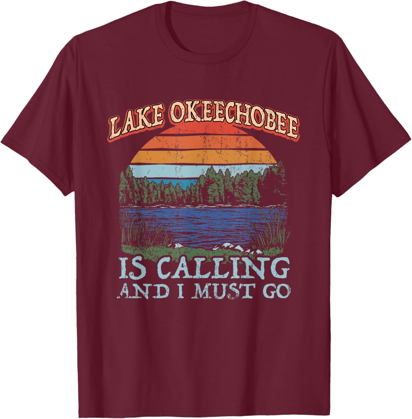 Fishing Boating Camping Retro Lake Vacation Lake Okeechobee T-Shirt - T-Shirt | Maroon