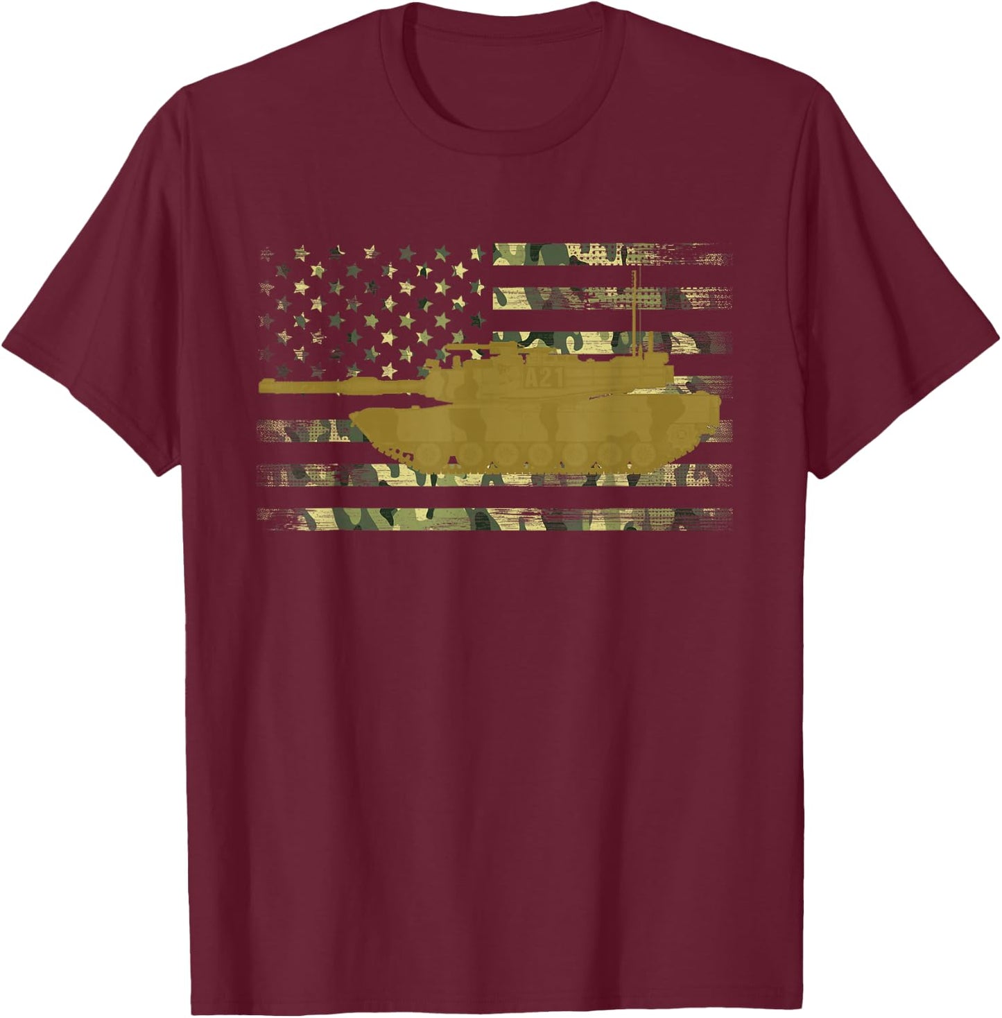 M1 Abrams Military Battle Tank Camo American Flag T-Shirt - T-Shirt | Maroon