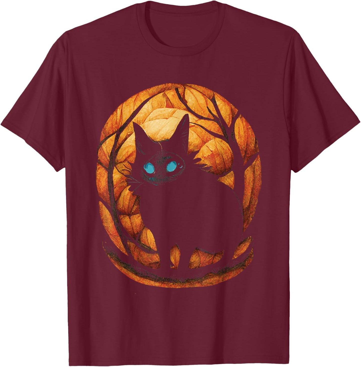 Creepy Black Cat in Magic Pumpkin Forest T-Shirt - T-Shirt | Maroon