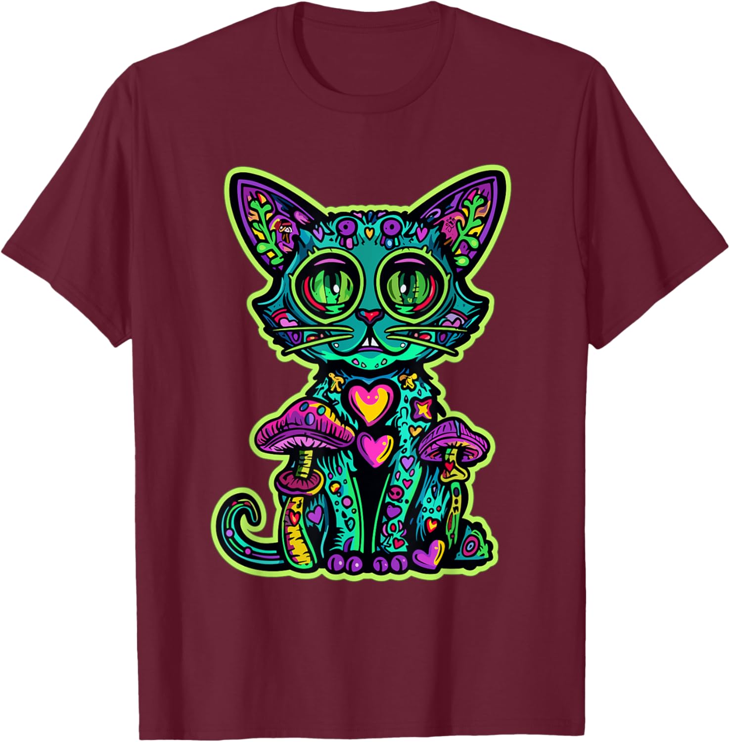 Psychedelic Cat Mushroom Art EDM Rave Men Women T-Shirt - T-Shirt | Maroon