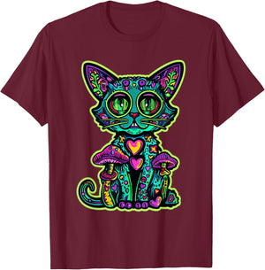 Psychedelic Cat Mushroom Art EDM Rave Men Women T-Shirt - T-Shirt | Maroon