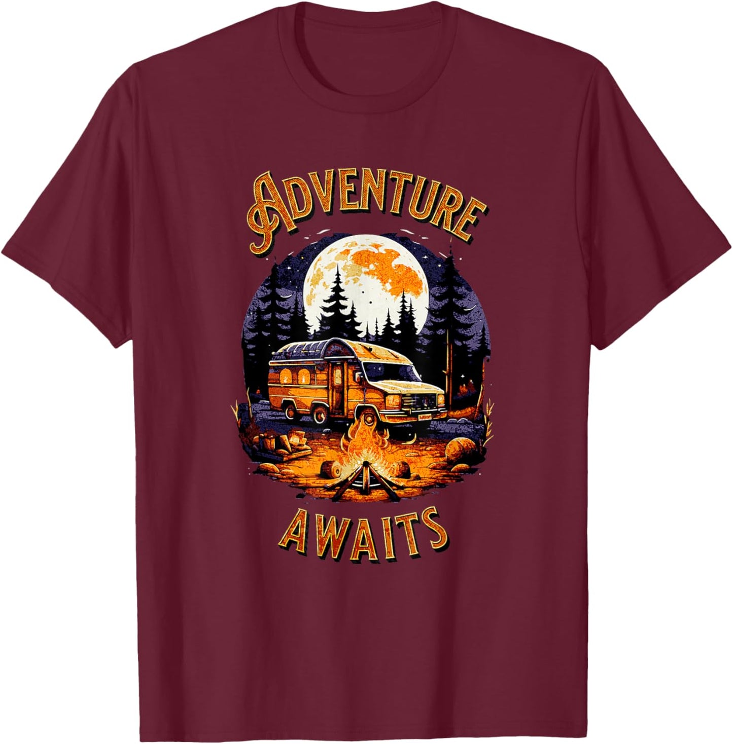 Adventure Awaits RV Camper Van Moonlight Camping Scene T-Shirt - T-Shirt | Maroon
