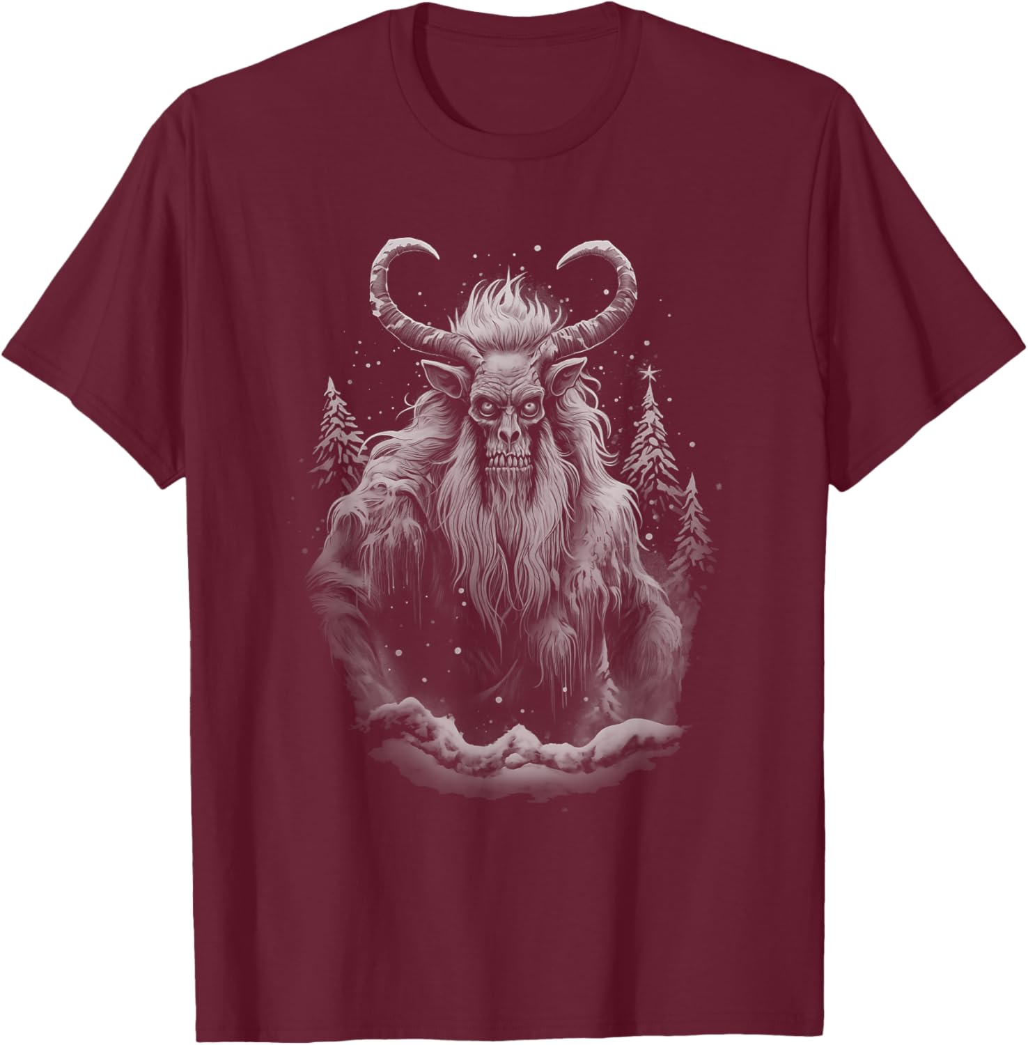 Vintage Krampus Creepy Christmas Black and White Graphic T-Shirt - T-Shirt | Maroon