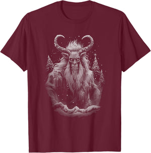 Vintage Krampus Creepy Christmas Black and White Graphic T-Shirt - T-Shirt | Maroon