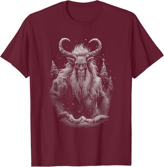 Vintage Krampus Creepy Christmas Black and White Graphic T-Shirt - T-Shirt | Maroon