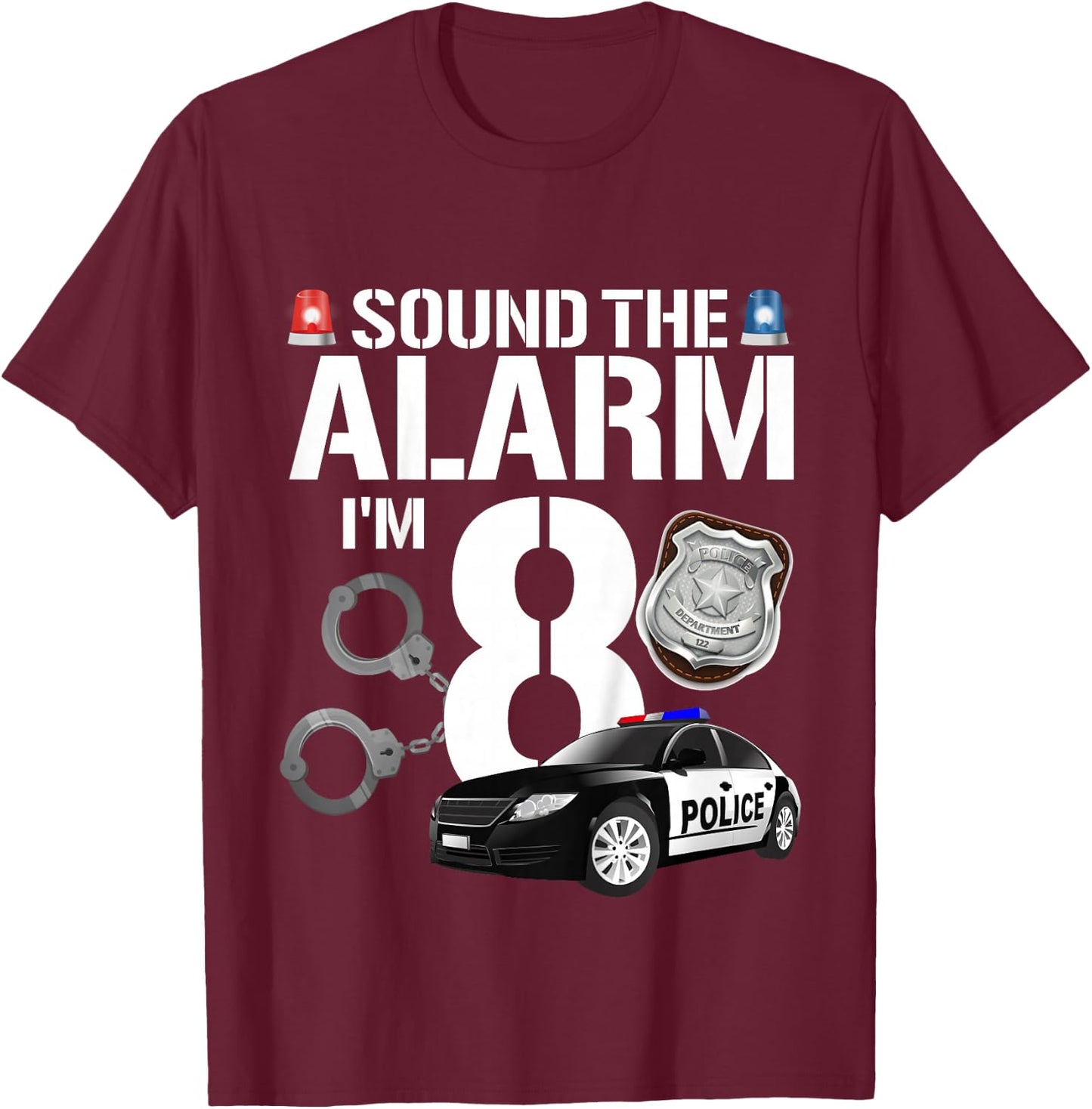 Kids 8 Year Old Police Birthday Officer Cop Car 8th Gift Boy T-Shirt - T-Shirt | Maroon