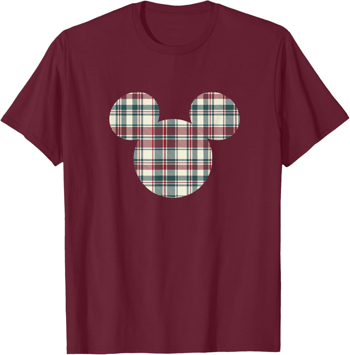 Disney Mickey Mouse Head Icon Christmas Holiday Plaid T-Shirt - T-Shirt | Maroon