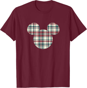 Disney Mickey Mouse Head Icon Christmas Holiday Plaid T-Shirt - T-Shirt | Maroon