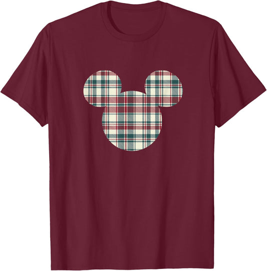 Disney Mickey Mouse Head Icon Christmas Holiday Plaid T-Shirt - T-Shirt | Maroon