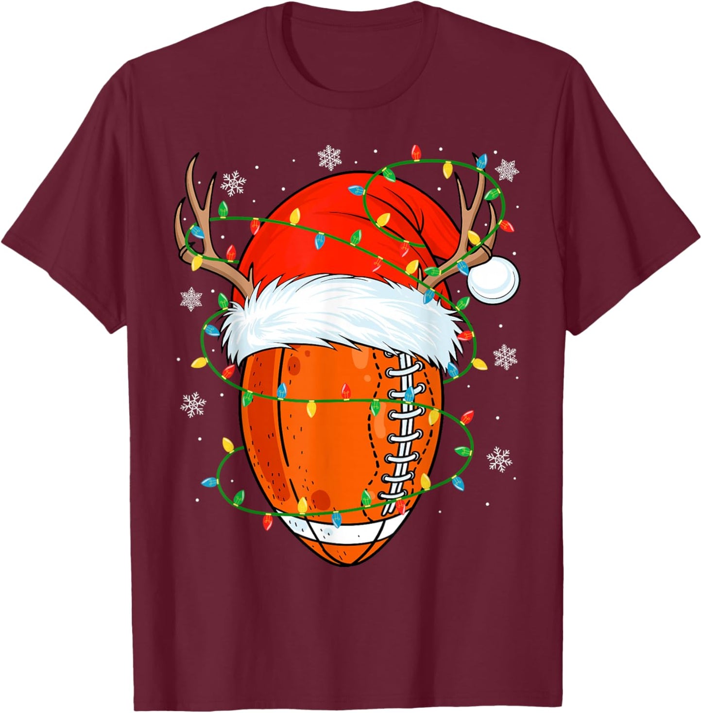 Santa Football Ball Xmas Lights Christmas Football Player T-Shirt - T-Shirt | Maroon