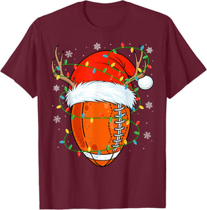 Santa Football Ball Xmas Lights Christmas Football Player T-Shirt - T-Shirt | Maroon