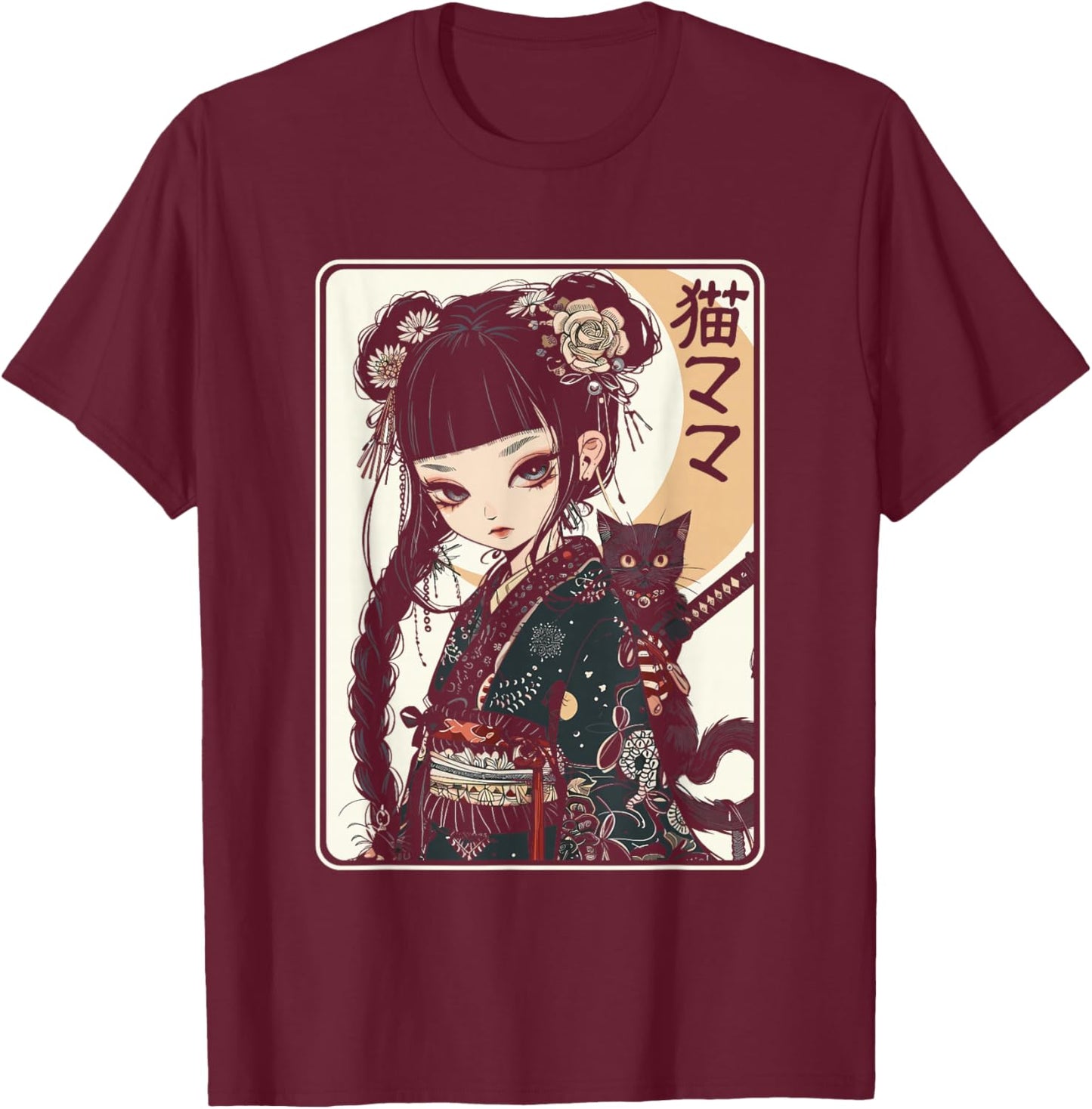 Japanese Gothic Kawaii Anime Samurai Cat Mom Woman Girls T-Shirt - T-Shirt | Maroon