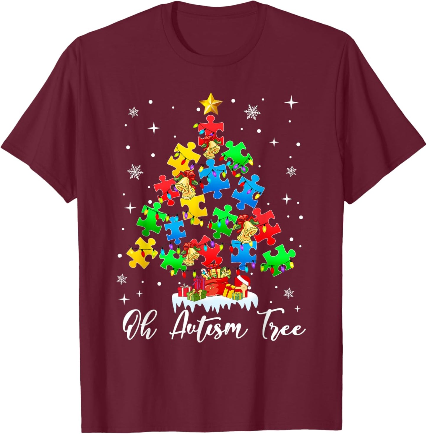 Autism Awareness Christmas Tree Holiday Gifts Black Short Sleeve Small T-Shirt - T-Shirt | Maroon